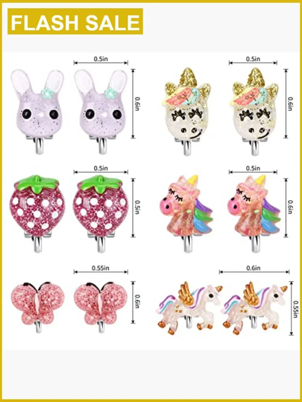 6 Pairs Clip On Earrings for Little Girls Unicorn Butterfly Strawberry
